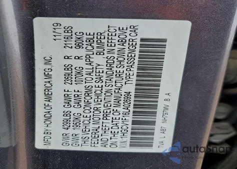 2020 Honda Accord Lx z USA, uszkodzony, nr VIN 1HGCV1F16LA026994